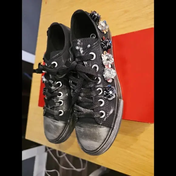 Naughty Monkey Womens Michele Size 8 Black Distressed Beaded Sequin Lace Up Flat - Picture 3 of 8